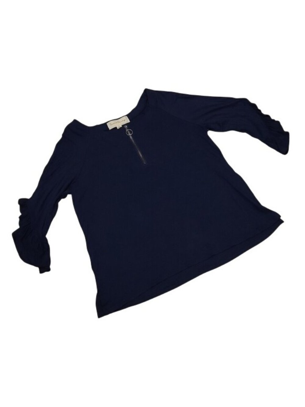 French Laundry Navy Blue 3/4 Ruffle Sleeve Top Front Zipper Womens Large L New